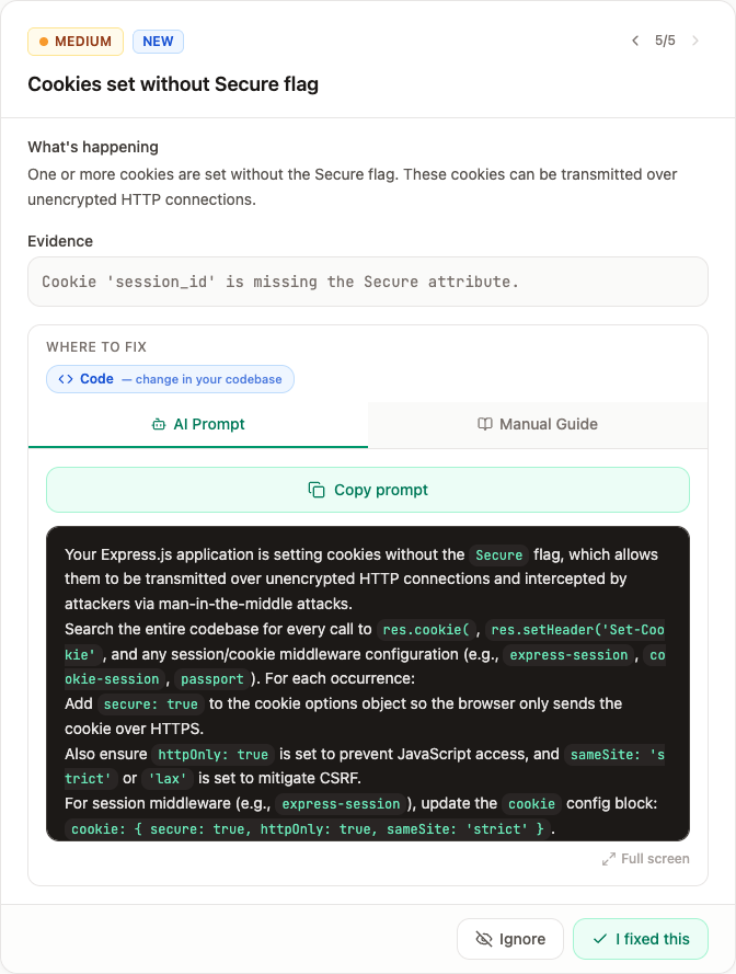 AI-generated fix prompt for a cookie security issue with copy button, evidence, and detailed remediation steps