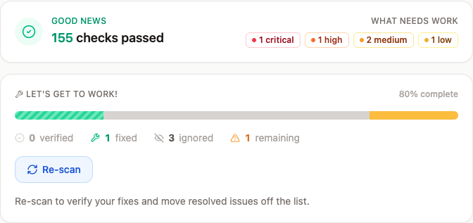 Scan summary showing 15 checks passed with severity badges and fix progress tracking